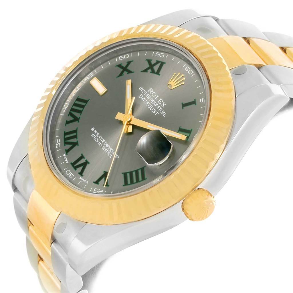 The Rolex Datejust 41 116333 Men's Steel and Gold (two tone) Grey Dial 116333 Men's Steel and Gold (two tone) Grey Dial is shown at a slightly tilted angle, highlighting its gold and silver bracelet, fluted bezel, and green Roman numeral dial.