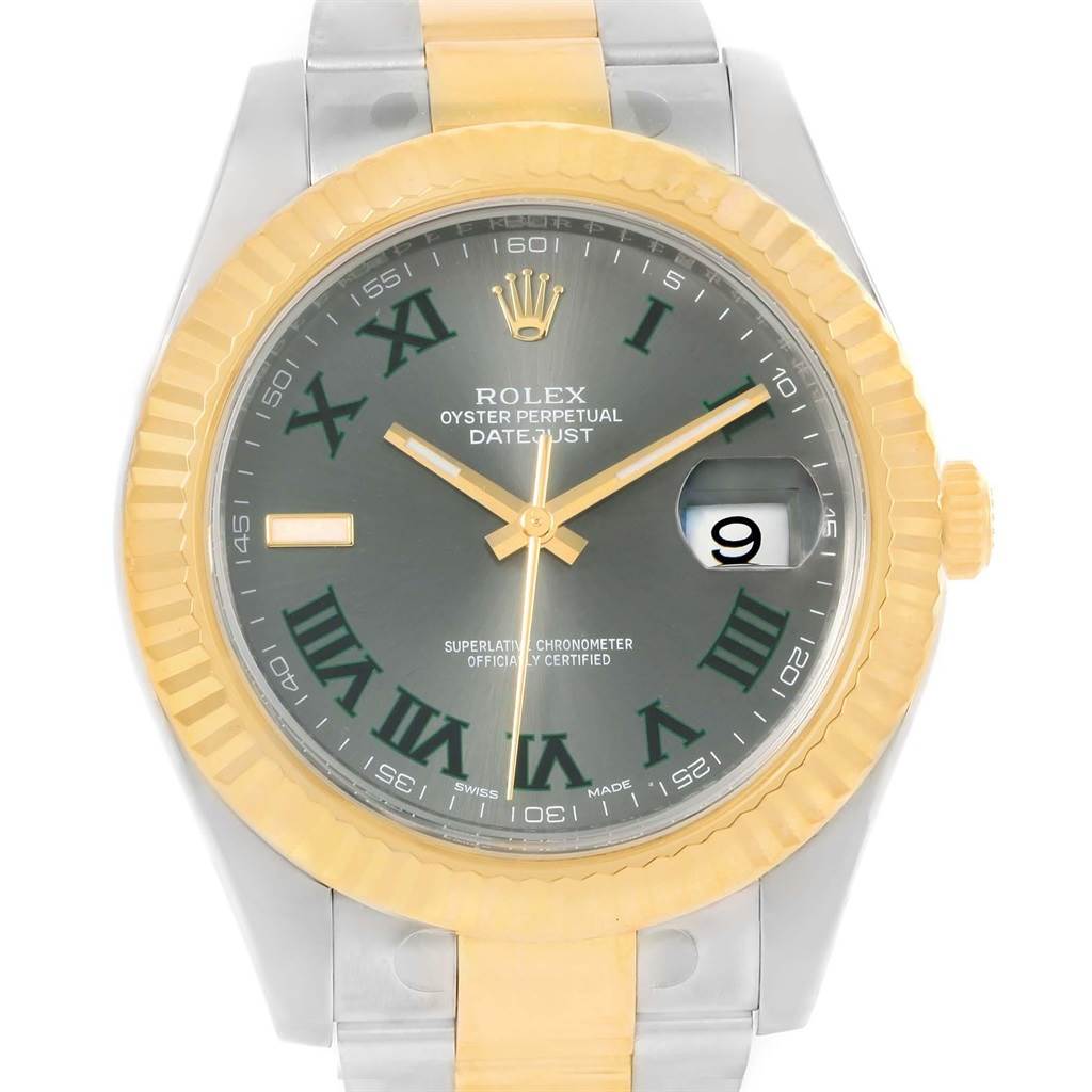 The image shows a frontal view of a Rolex Datejust 41 116333 Men's Steel and Gold (two tone) Grey Dial 116333 Men's Steel and Gold (two tone) Grey Dial watch, highlighting the face, bezel, and part of the bracelet.