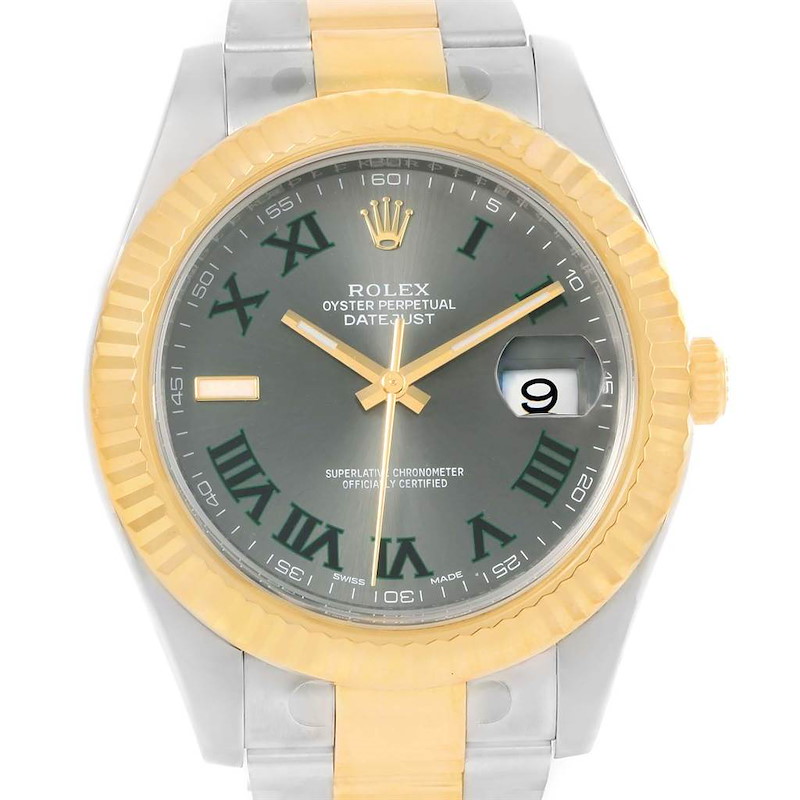 Rolex Datejust II Steel Yellow Gold Green Roman Watch 116333 Box SwissWatchExpo