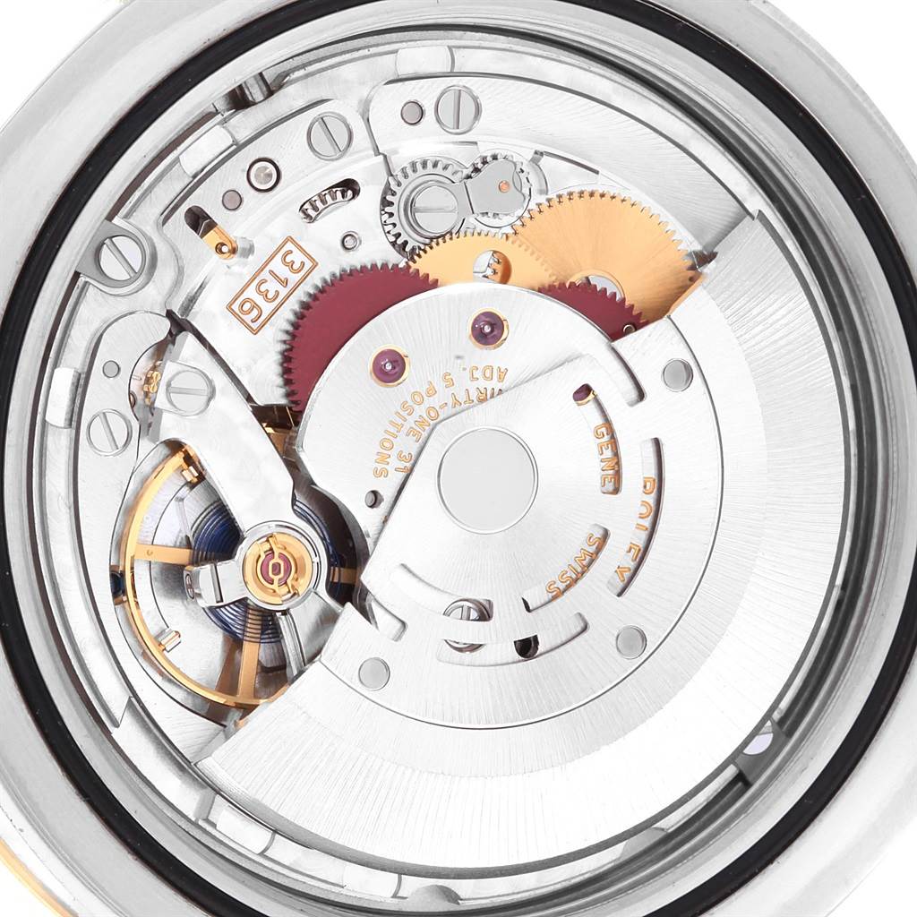 This image shows the inner mechanical movement of a Rolex Datejust 41 116333 Men's Steel and Gold (two tone) Grey Dial 116333 Men's Steel and Gold (two tone) Grey Dial watch at a top-down angle.