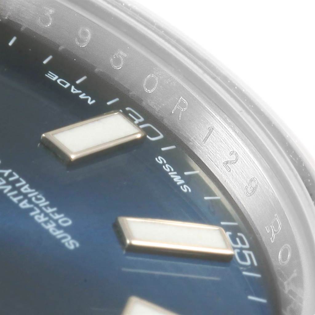 The image shows a close-up of the dial and a portion of the rehaut of a Rolex Datejust 41 116300 Men
s Stainless Steel Blue Dial 116300 Men
s Stainless Steel Blue Dial watch.