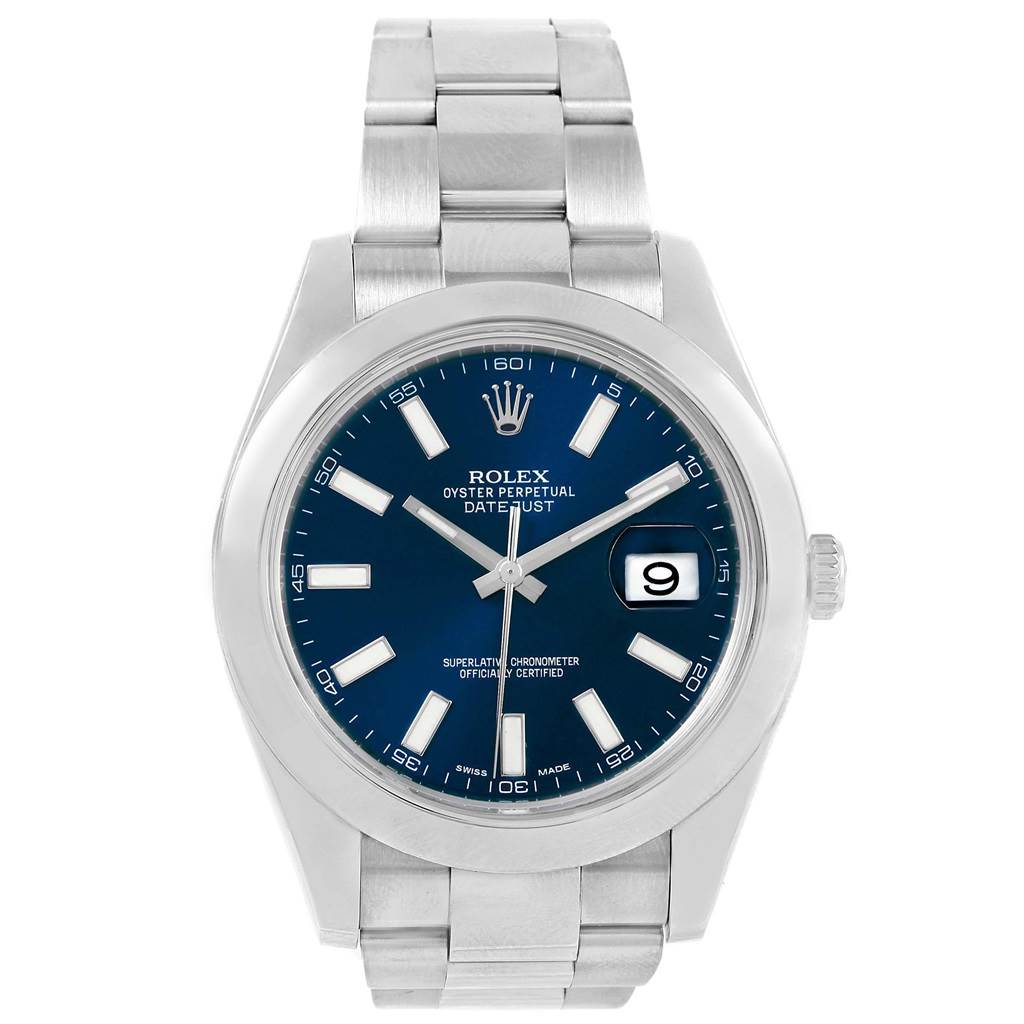The image shows a front view of the Rolex Datejust 41 116300 Men
s Stainless Steel Blue Dial 116300 Men
s Stainless Steel Blue Dial watch, featuring its blue dial, date display, and stainless steel bracelet.