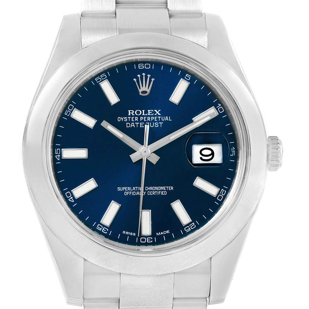 The image shows a front view of the Rolex Datejust 41 116300 Men
s Stainless Steel Blue Dial 116300 Men
s Stainless Steel Blue Dial watch, highlighting its blue dial, date display, and stainless steel bracelet.