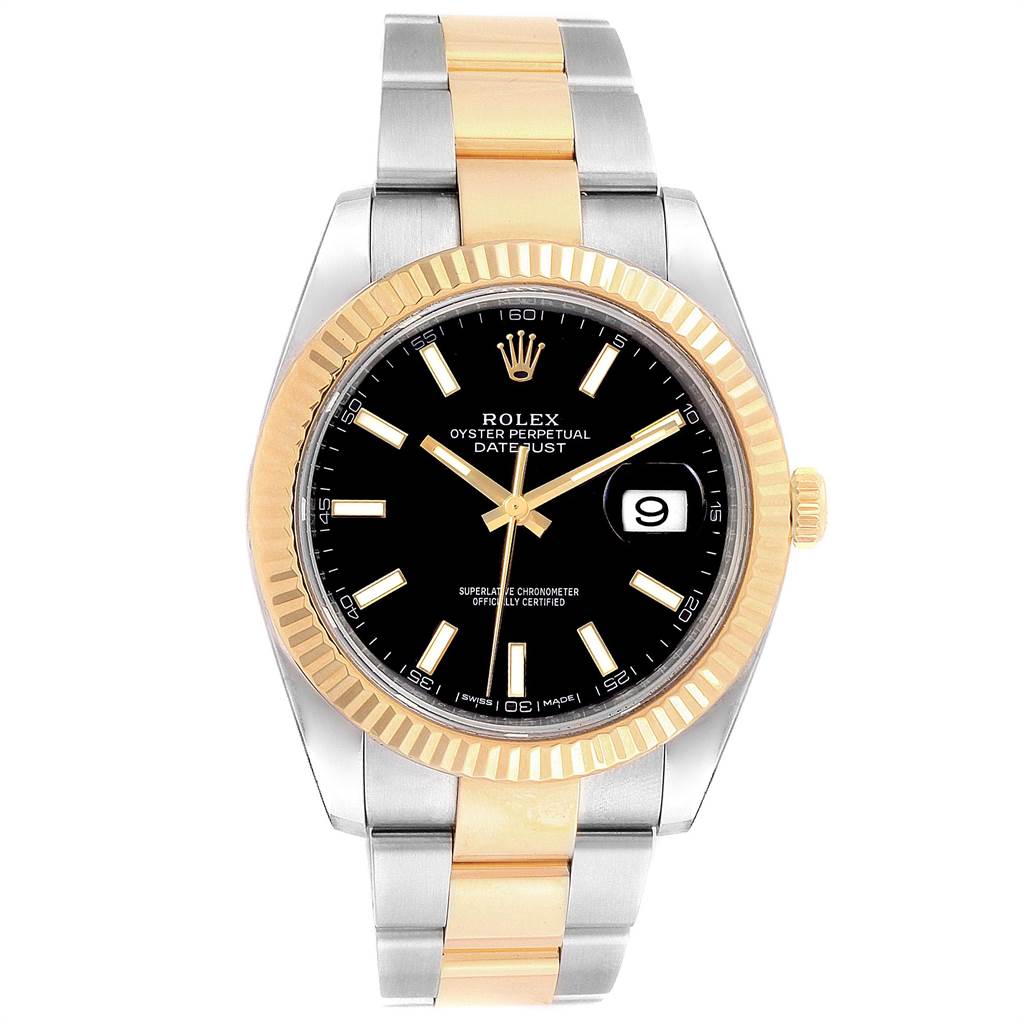 The image shows a front view of the Rolex Datejust 41 126333 Men's Steel and Gold (two tone) Black Dial 126333 Men's Steel and Gold (two tone) Black Dial watch, highlighting its two-tone bracelet, black dial, and gold fluted bezel.