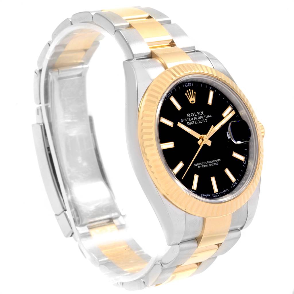 The image shows a Rolex Datejust 41 126333 Men's Steel and Gold (two tone) Black Dial 126333 Men's Steel and Gold (two tone) Black Dial model watch from an angled view, displaying the face, bezel, and part of the bracelet.
