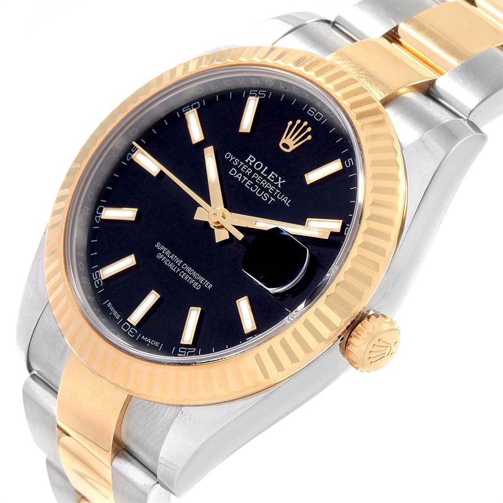 The image shows a Rolex Datejust 41 126333 Men's Steel and Gold (two tone) Black Dial 126333 Men's Steel and Gold (two tone) Black Dial watch at an angle, highlighting its dial, bezel, and part of the bracelet.