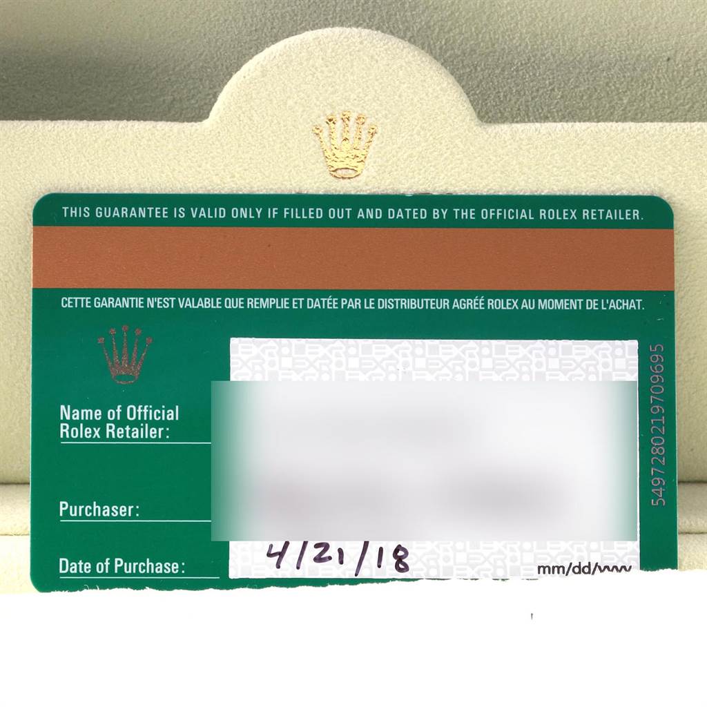 The image shows a warranty card for the Datejust 41 model by Rolex, displaying purchase details and retailer information.