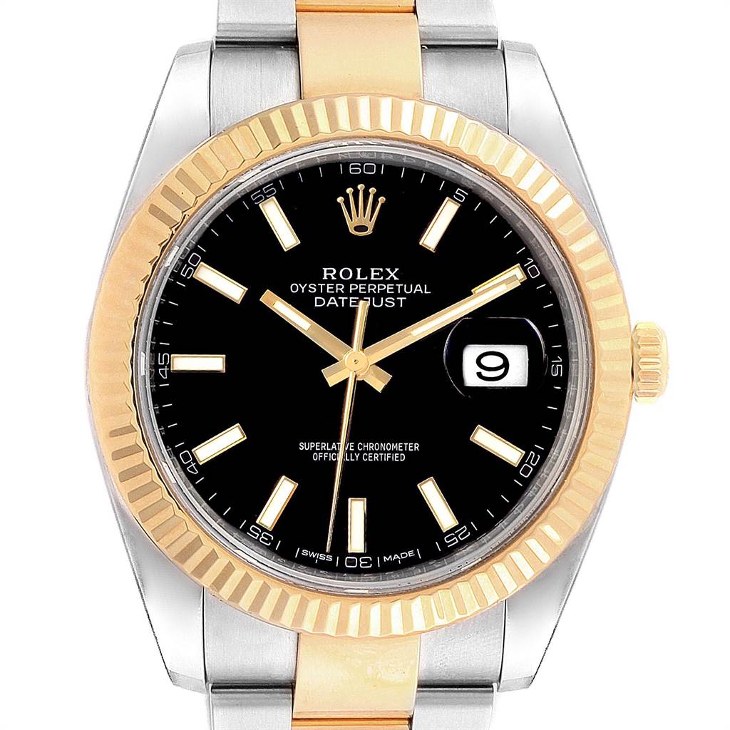 The Rolex Datejust 41 126333 Men's Steel and Gold (two tone) Black Dial 126333 Men's Steel and Gold (two tone) Black Dial watch is shown from a front angle, highlighting its black dial, fluted bezel, and two-tone bracelet.