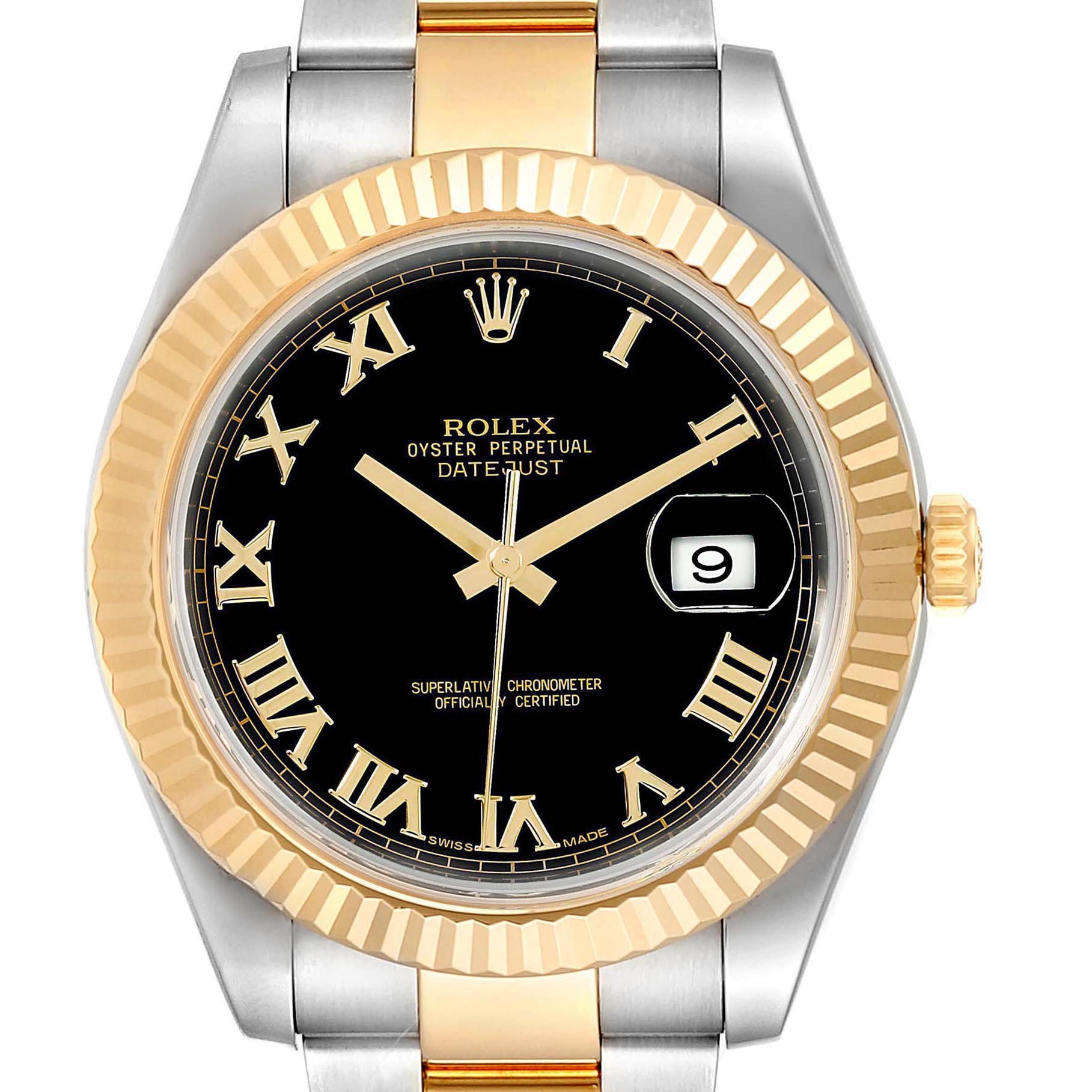 This image shows a Rolex Datejust 41 116333 Men's Steel and Gold (two tone) Black Dial 116333 Men's Steel and Gold (two tone) Black Dial model watch from a front angle, displaying the dial, bezel, and portion of the bracelet.