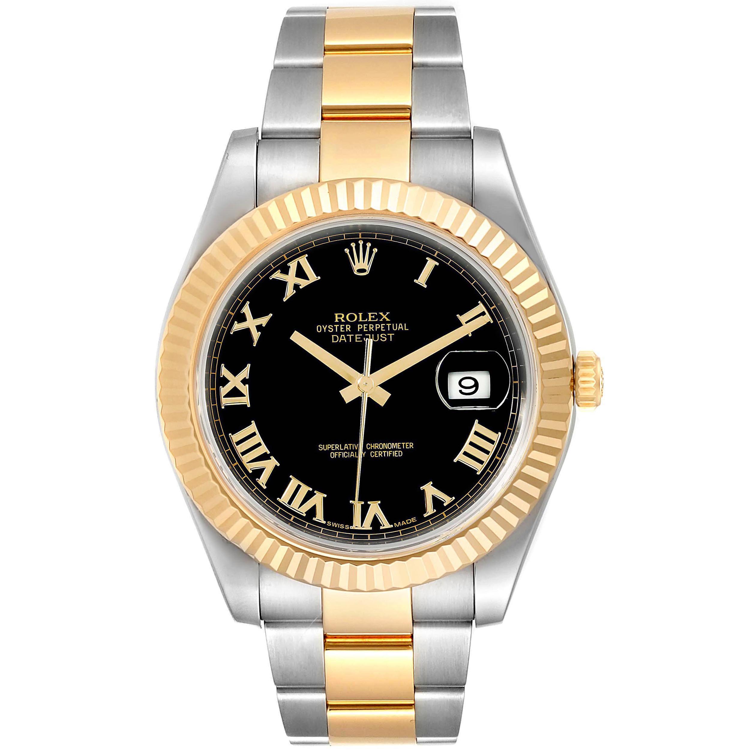 The image shows a Rolex Datejust 41 116333 Men's Steel and Gold (two tone) Black Dial 116333 Men's Steel and Gold (two tone) Black Dial watch, featuring a black dial, Roman numerals, a gold fluted bezel, and a two-tone bracelet.
