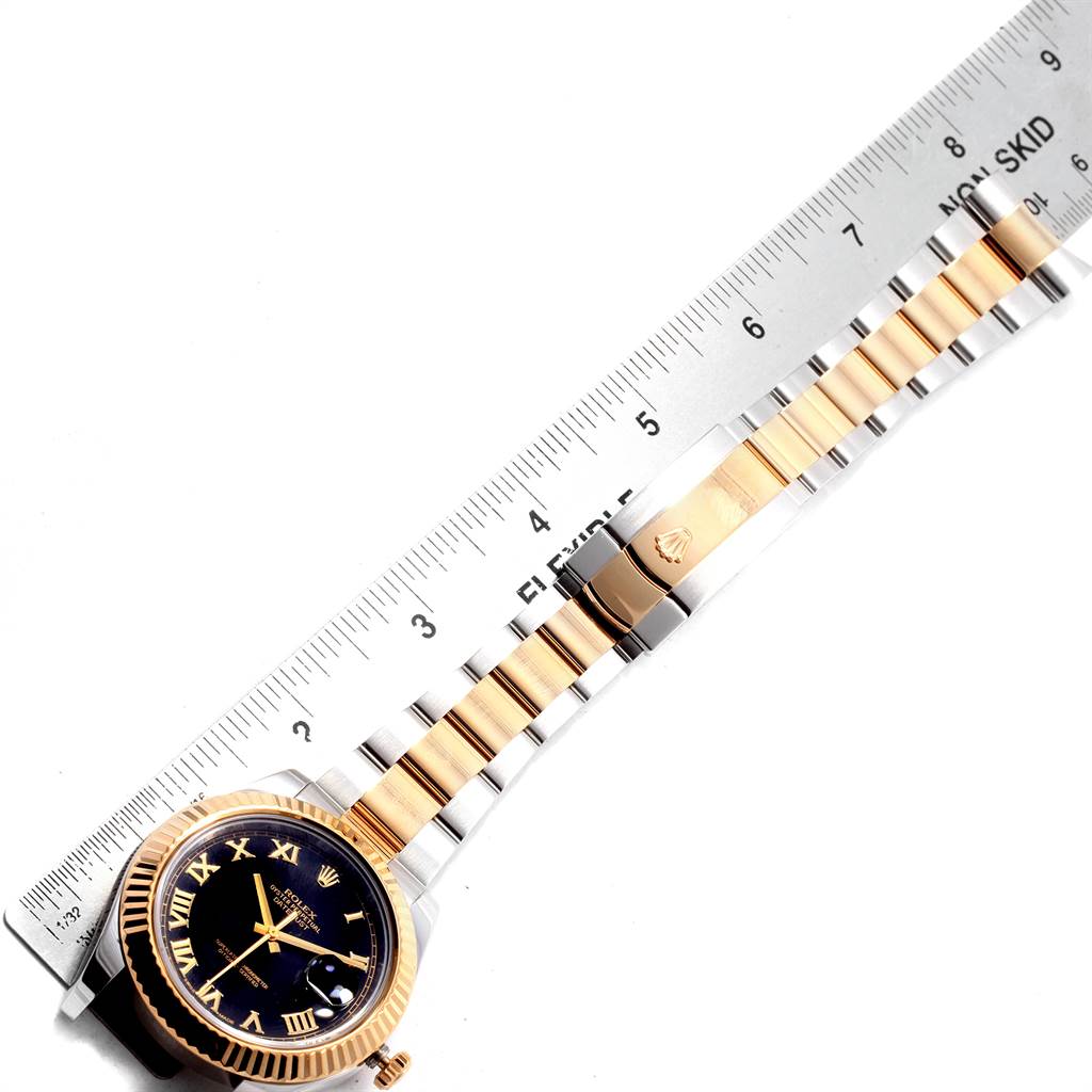 The image shows a Rolex Datejust 41 116333 Men's Steel and Gold (two tone) Black Dial 116333 Men's Steel and Gold (two tone) Black Dial watch laid flat with a ruler measuring the length of its band.