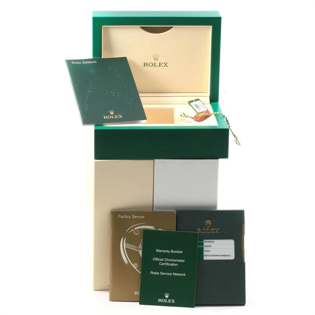 The image shows the box, warranty booklet, and certification for the Rolex Datejust 41 116333 Men's Steel and Gold (two tone) Black Dial 116333 Men's Steel and Gold (two tone) Black Dial model from a frontal angle.