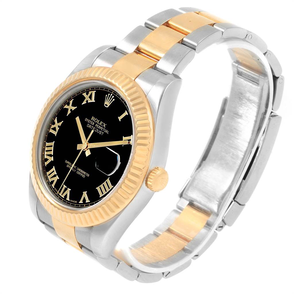 The Rolex Datejust 41 116333 Men's Steel and Gold (two tone) Black Dial 116333 Men's Steel and Gold (two tone) Black Dial watch is shown at a high angle, displaying its dial, bezel, crown, and bracelet.
