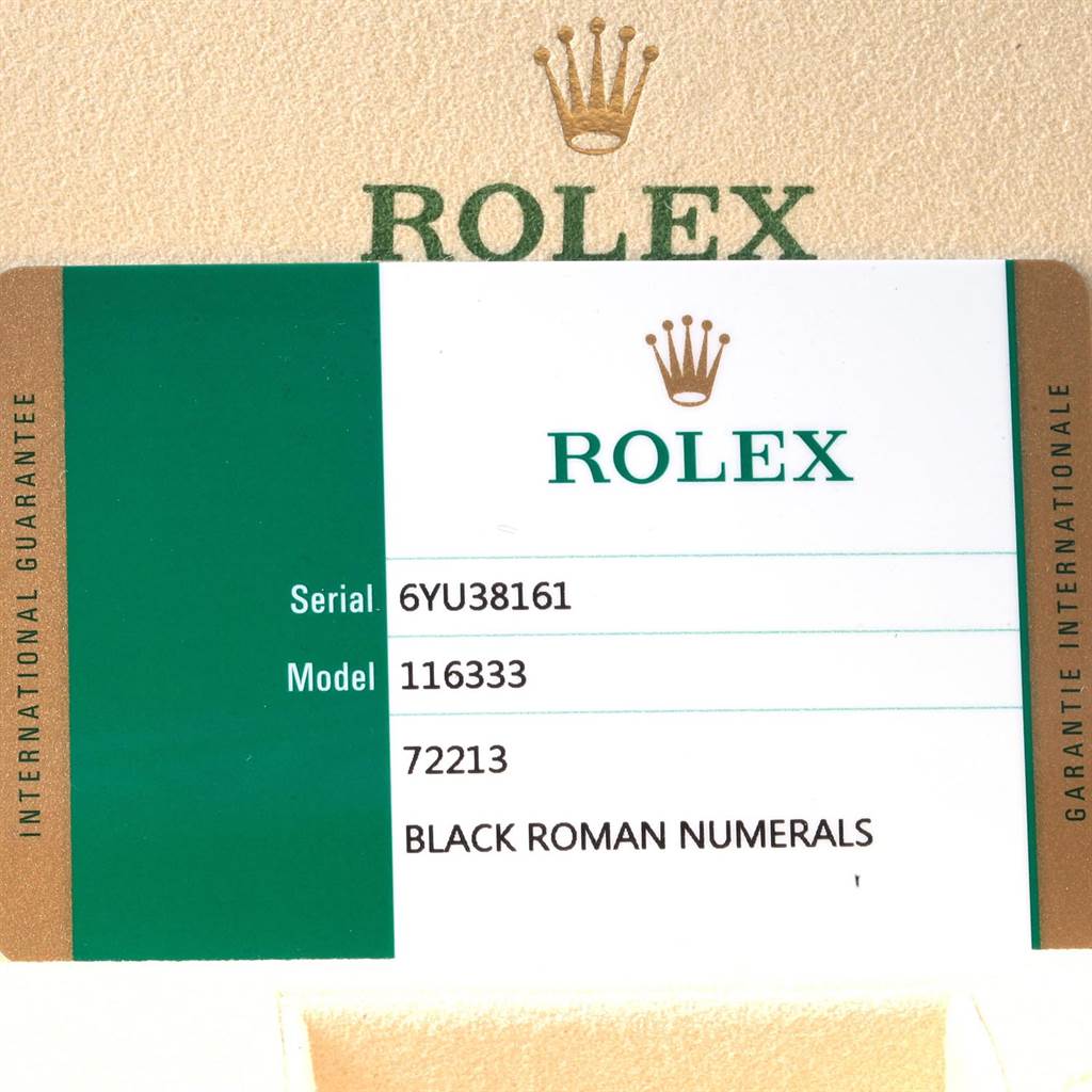 The image shows the guarantee card for a Rolex Datejust 41 116333 Men's Steel and Gold (two tone) Black Dial 116333 Men's Steel and Gold (two tone) Black Dial model, displaying the serial number, model number 116333, and "Black Roman Numerals."
