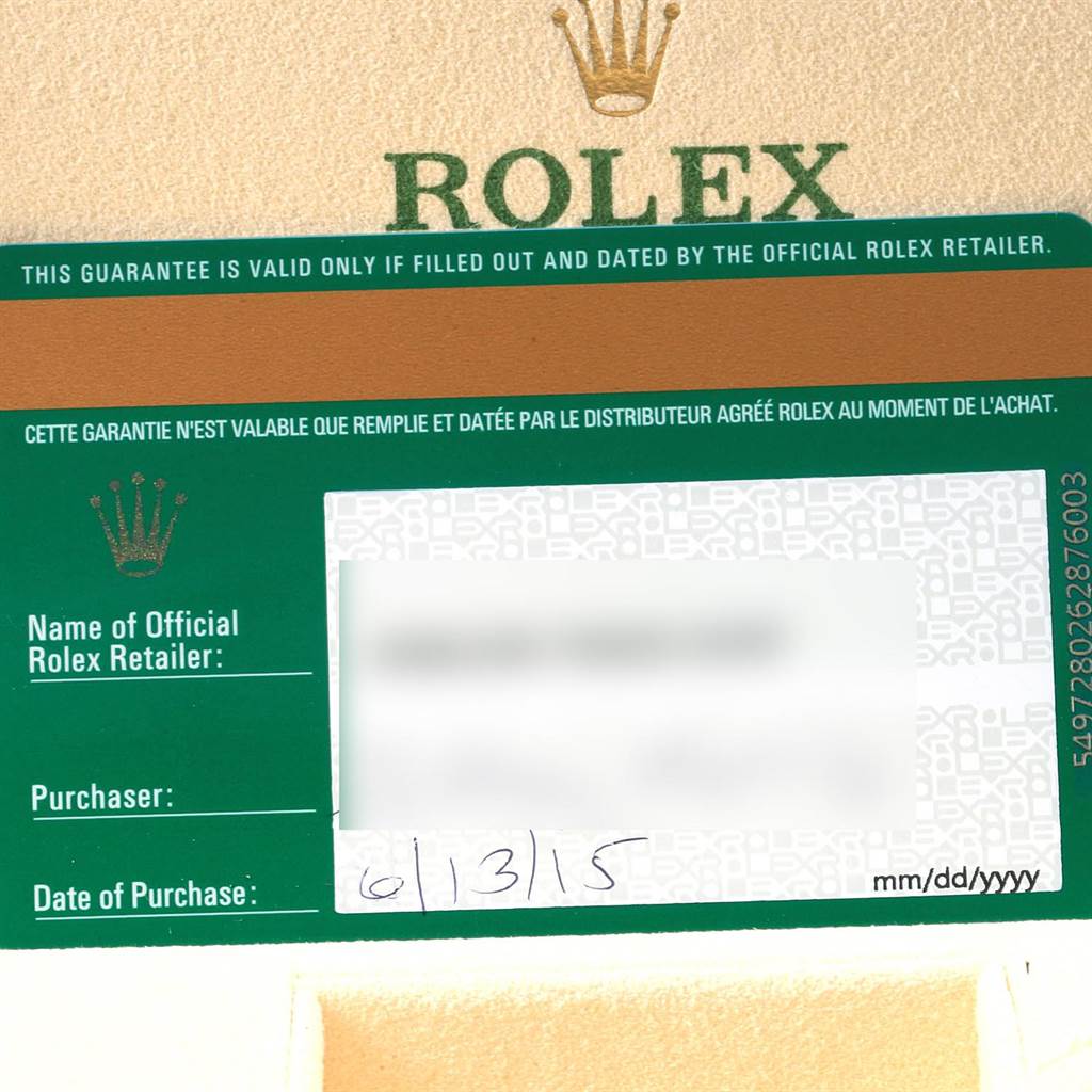 This is the warranty card for the Rolex Datejust 41 116333 Men's Steel and Gold (two tone) Black Dial 116333 Men's Steel and Gold (two tone) Black Dial model, showing the purchase date and retailer's information.
