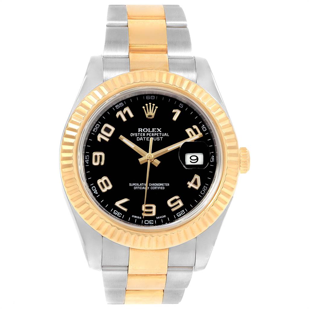 The Rolex Datejust 41 116333 Men's Steel and Gold (two tone) Black Dial 116333 Men's Steel and Gold (two tone) Black Dial watch is shown from a front angle, displaying its black dial, gold bezel, and two-tone metal bracelet.