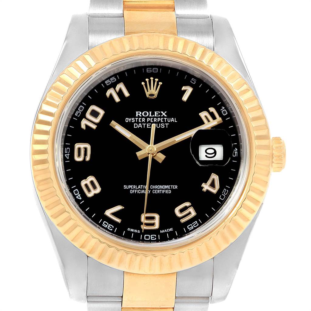 The image shows a frontal view of the Rolex Datejust 41 116333 Men's Steel and Gold (two tone) Black Dial 116333 Men's Steel and Gold (two tone) Black Dial, highlighting its black dial, gold numerals, and fluted bezel.