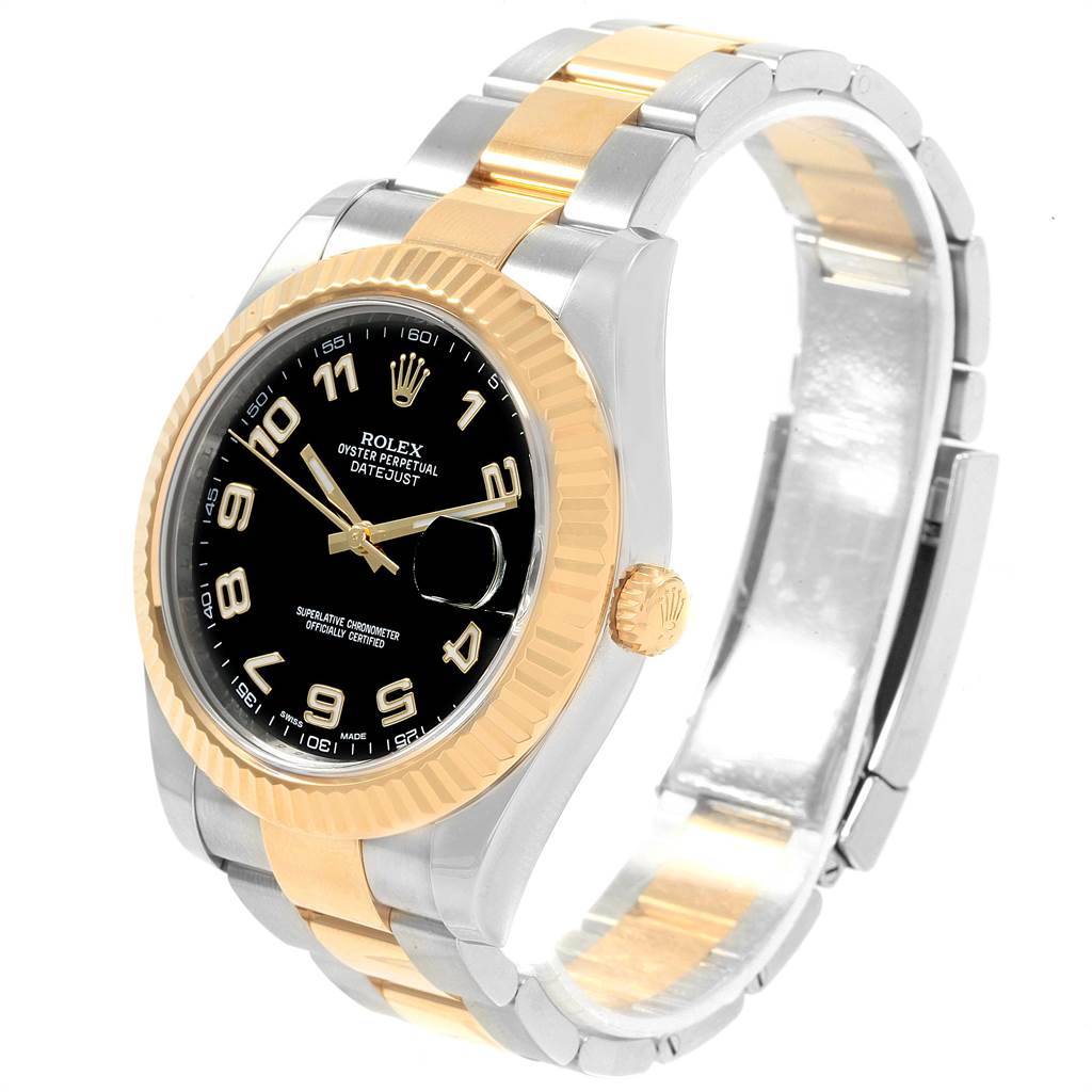 The Rolex Datejust 41 116333 Men's Steel and Gold (two tone) Black Dial 116333 Men's Steel and Gold (two tone) Black Dial watch is shown at a front-side angle, highlighting the dial, bezel, and bracelet.
