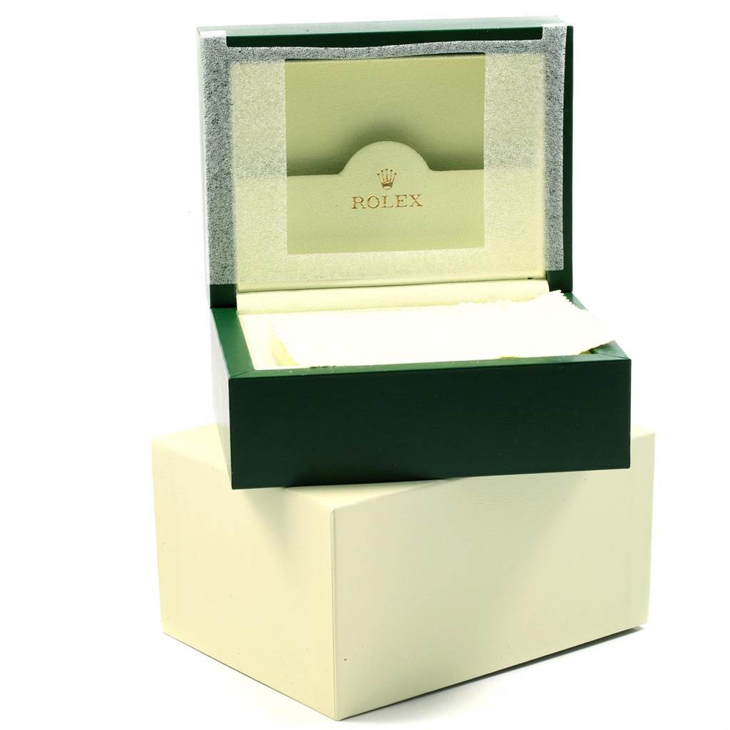 The image shows an open green Rolex box for the Datejust 41 model.