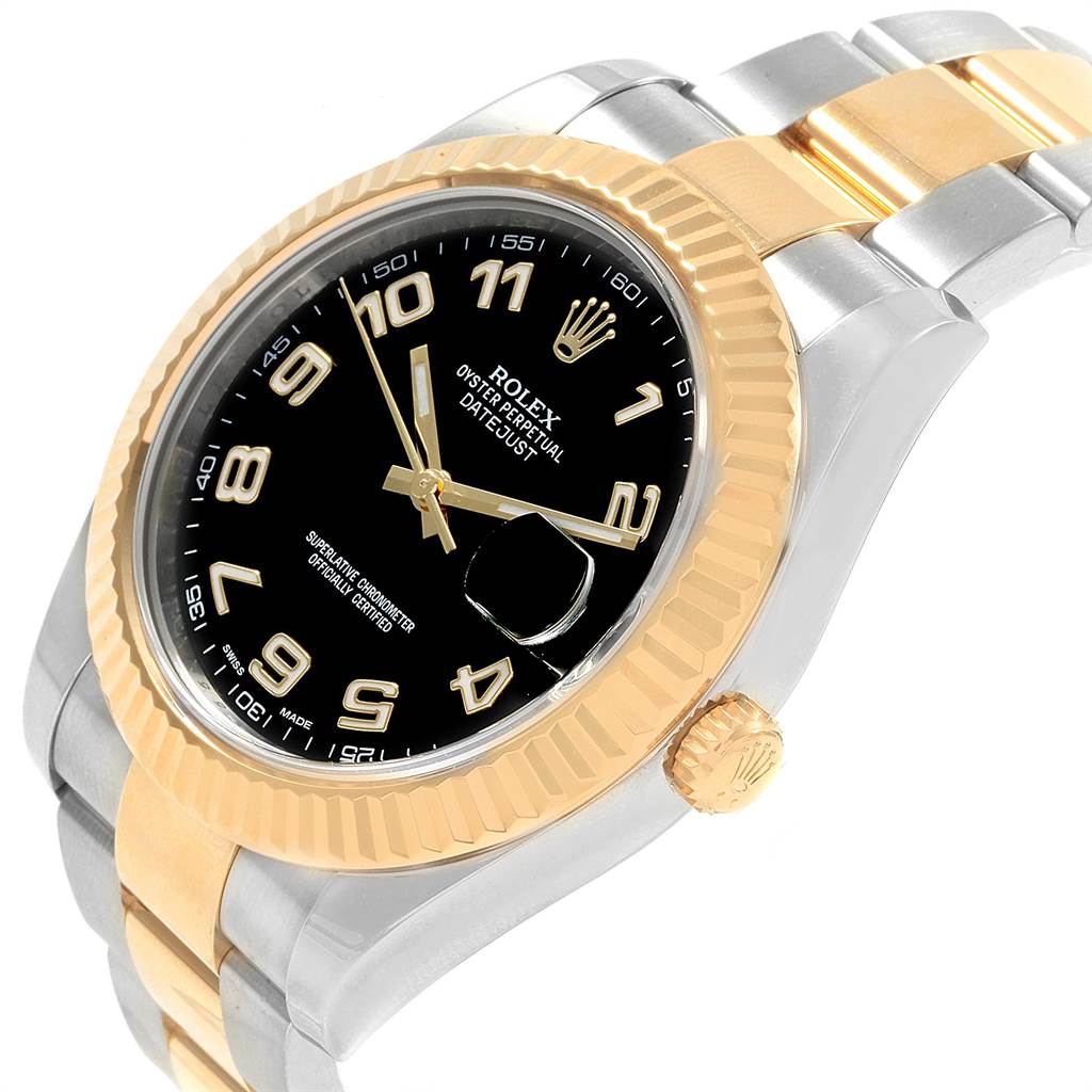 The Rolex Datejust 41 116333 Men's Steel and Gold (two tone) Black Dial 116333 Men's Steel and Gold (two tone) Black Dial watch is shown from a slightly tilted angle, featuring its black dial, gold bezel, and two-tone bracelet.