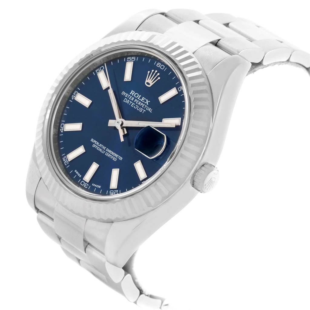 The image shows a Rolex Datejust 41 116334 Men
s Stainless Steel Blue Dial 116334 Men
s Stainless Steel Blue Dial watch at an angle highlighting the dial, bezel, crown, and a portion of the bracelet.