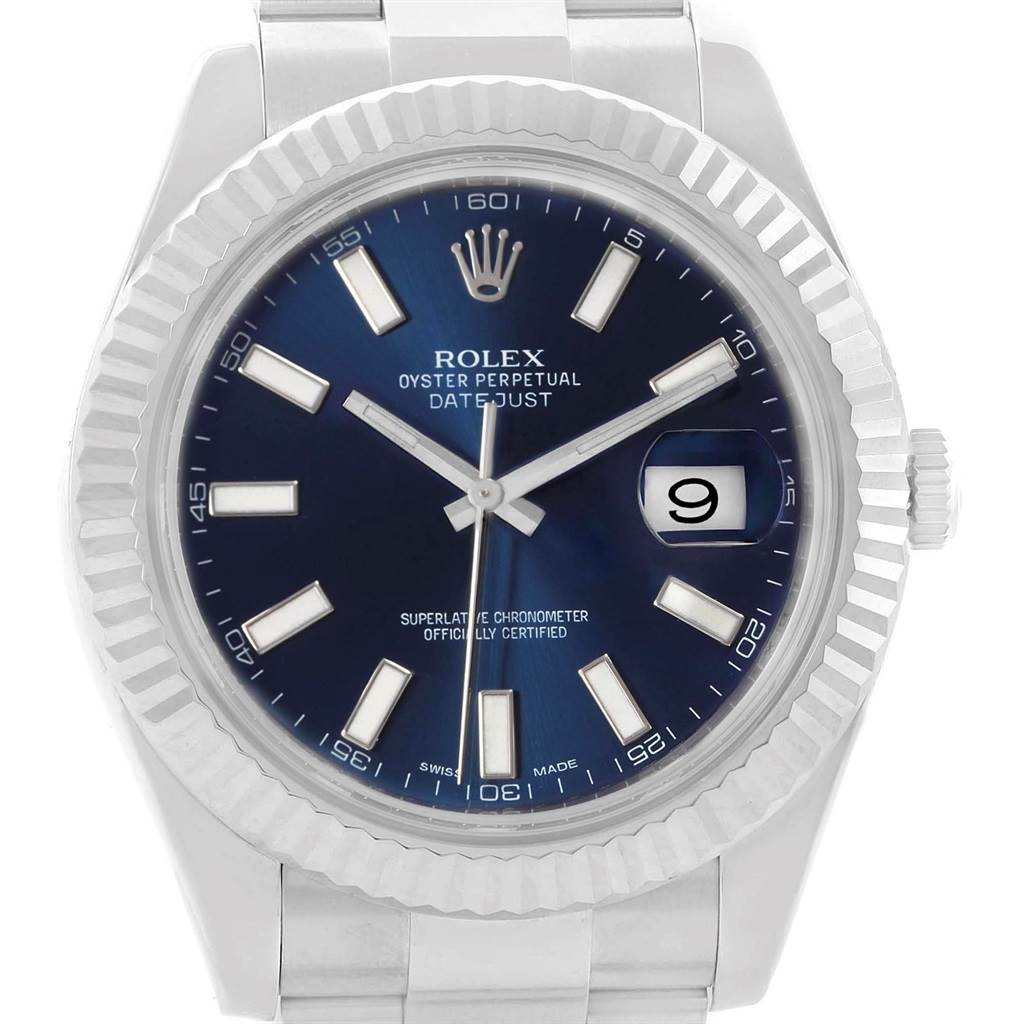 The image shows a front view of the Rolex Datejust 41 116334 Men
s Stainless Steel Blue Dial 116334 Men
s Stainless Steel Blue Dial, highlighting its blue dial, fluted bezel, and date window at 3 o
clock.