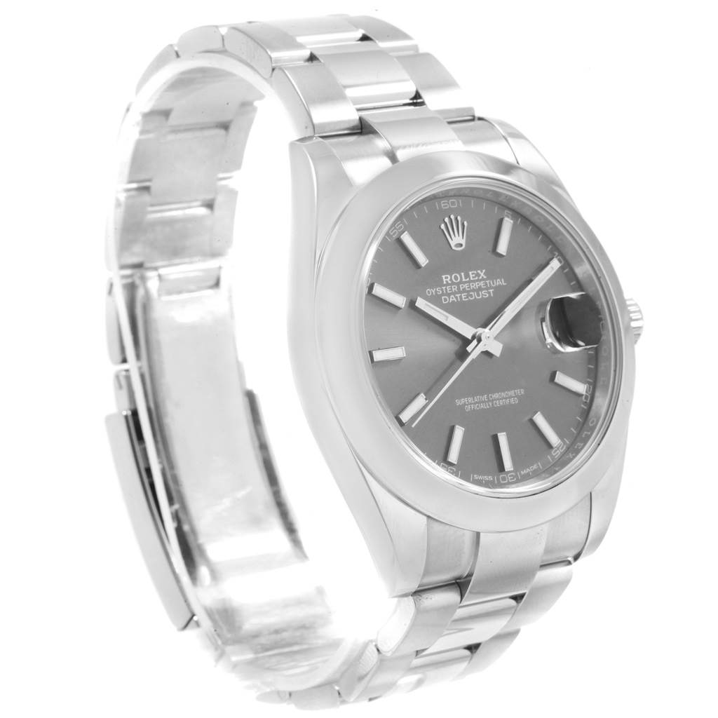 The image shows a Rolex Datejust 41 126300 Men
s Stainless Steel Grey Dial 126300 Men
s Stainless Steel Grey Dial watch at a slight left side angle, featuring its bracelet and face with a date window.