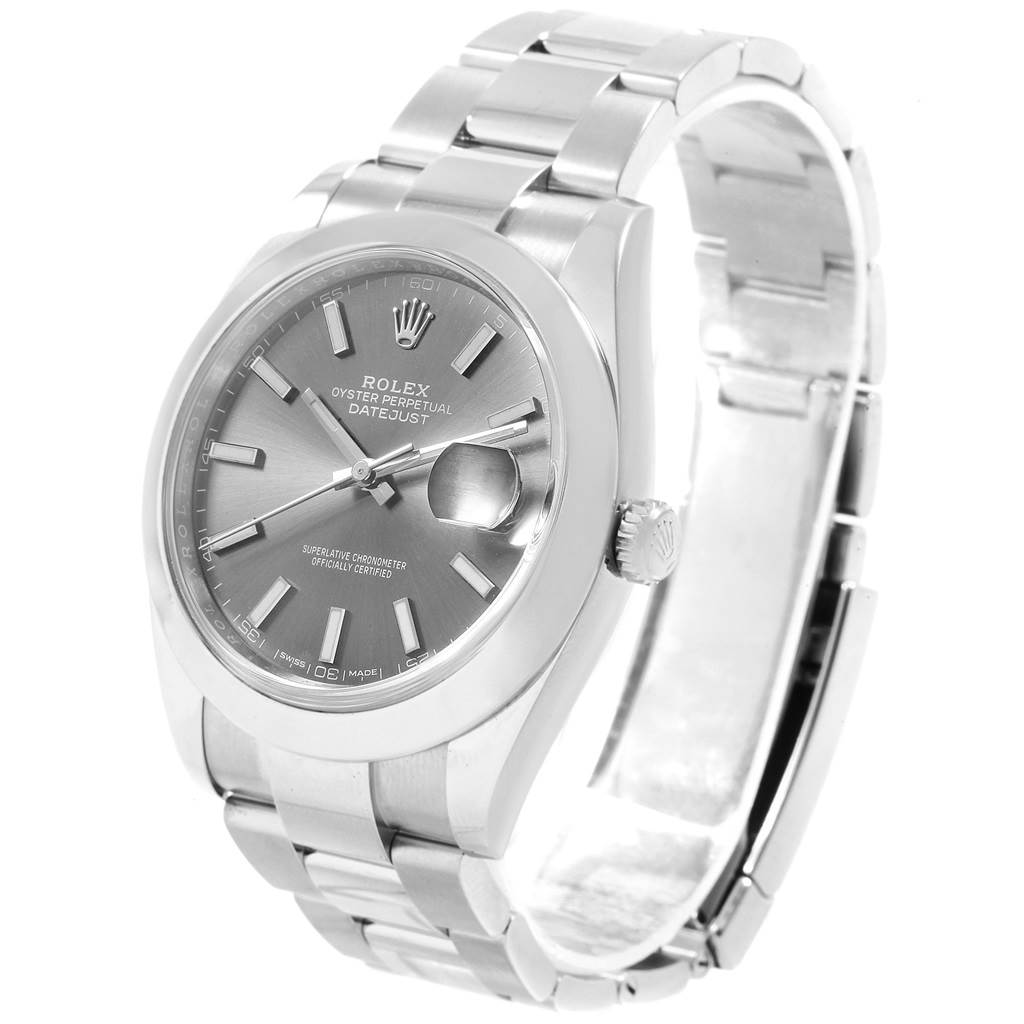 This image shows a frontal and slightly angled view of the Rolex Datejust 41 126300 Men
s Stainless Steel Grey Dial 126300 Men
s Stainless Steel Grey Dial, displaying the dial, bezel, case, crown, and bracelet.