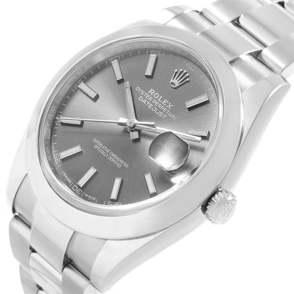 This Rolex Datejust 41 126300 Men
s Stainless Steel Grey Dial 126300 Men
s Stainless Steel Grey Dial watch is shown at a slight angle, highlighting its face, bracelet, and crown.