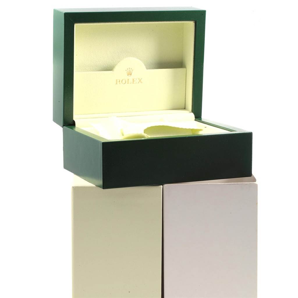 This image shows a Rolex Datejust 41 126300 Men
s Stainless Steel Grey Dial 126300 Men
s Stainless Steel Grey Dial box from a front angle, with the lid open and the interior visible.