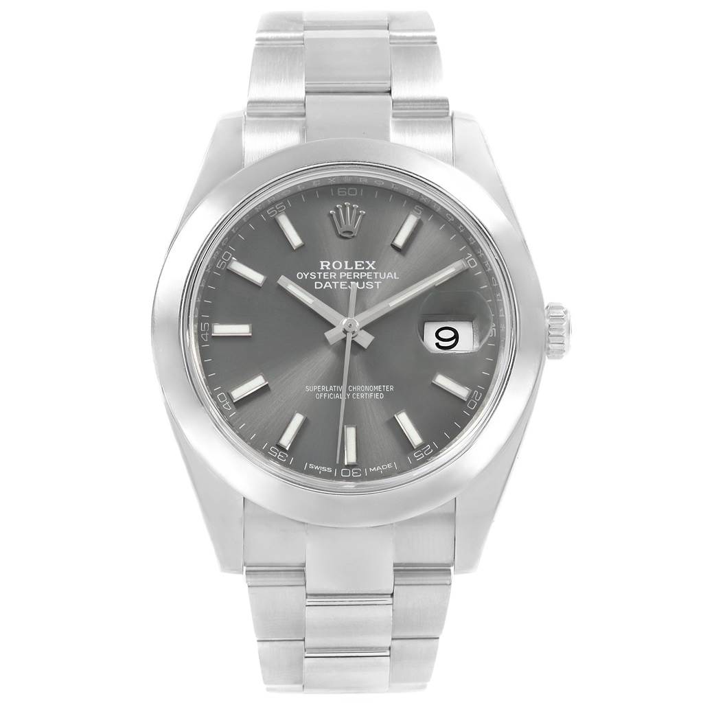 This image showcases a front view of a Rolex Datejust 41 126300 Men
s Stainless Steel Grey Dial 126300 Men
s Stainless Steel Grey Dial watch, highlighting the dial, case, bezel, and bracelet.