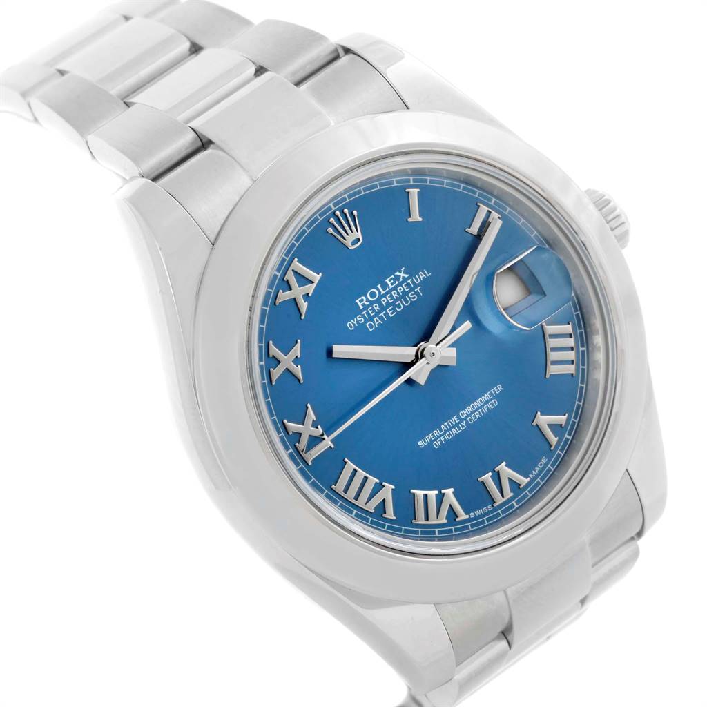 The image shows a Rolex Datejust 41 116300 Men's Stainless Steel Blue Dial 116300 Men's Stainless Steel Blue Dial model from an angled view, highlighting the blue Roman numeral dial, bezel, and part of the bracelet.