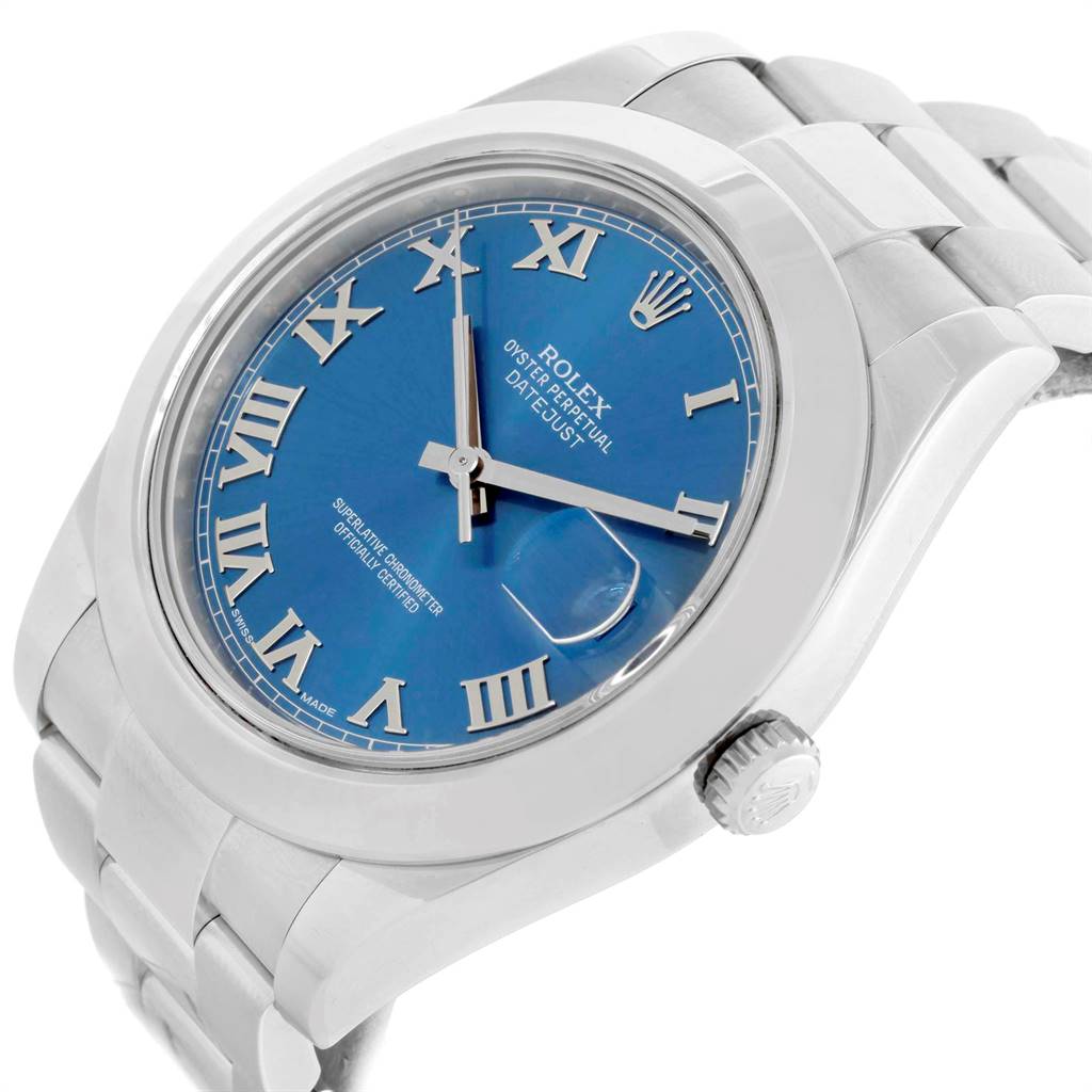 The image shows a Rolex Datejust 41 116300 Men's Stainless Steel Blue Dial 116300 Men's Stainless Steel Blue Dial watch at a slight angle, highlighting its blue dial, Roman numeral markers, and bracelet.