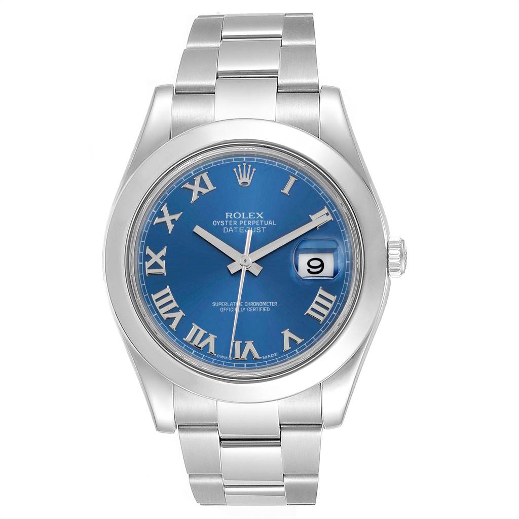 The image shows the front view of a Rolex Datejust 41 116300 Men's Stainless Steel Blue Dial 116300 Men's Stainless Steel Blue Dial watch, displaying its blue dial, Roman numerals, bracelet, and date window.