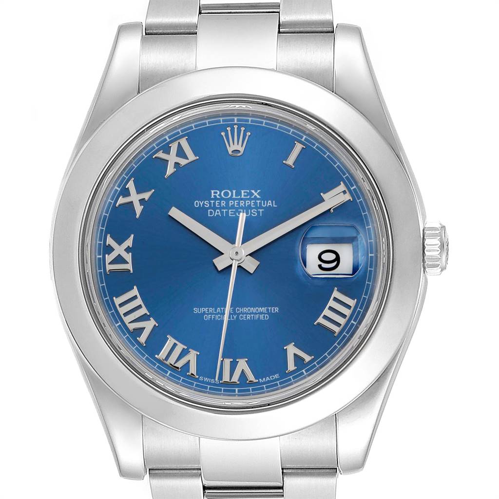This image shows a close-up, front view of the Rolex Datejust 41 116300 Men's Stainless Steel Blue Dial 116300 Men's Stainless Steel Blue Dial, highlighting its blue dial, silver Roman numerals, and date window.