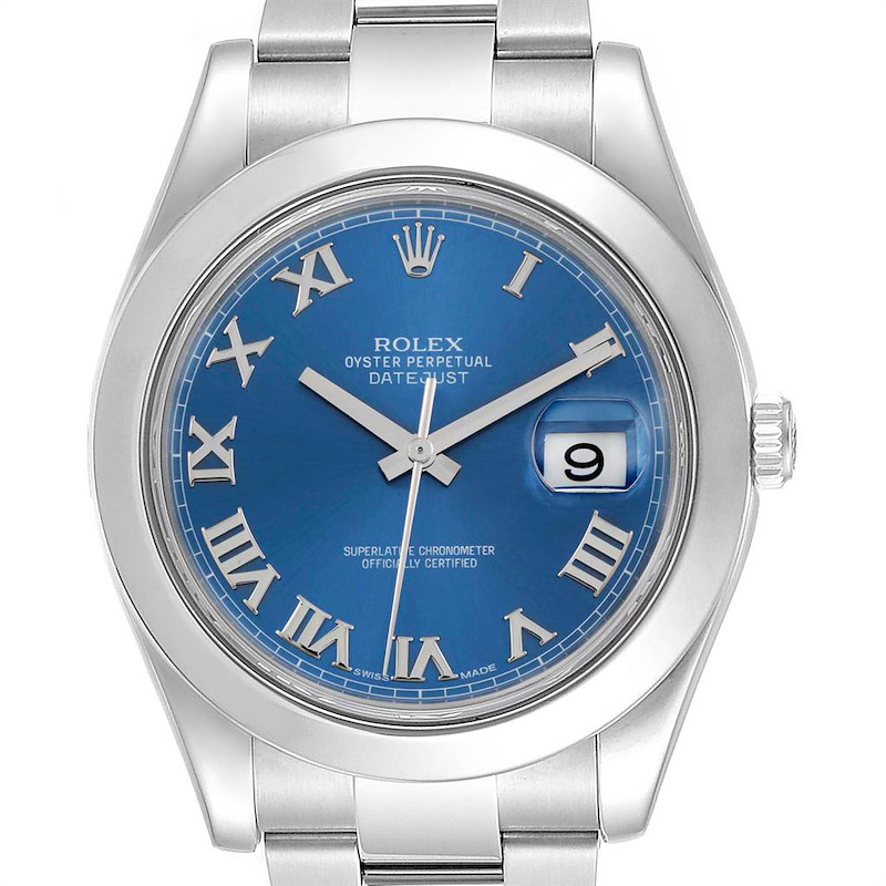 Rolex Datejust II 41mm Stainless Steel Blue Roman Dial Watch 116300 SwissWatchExpo