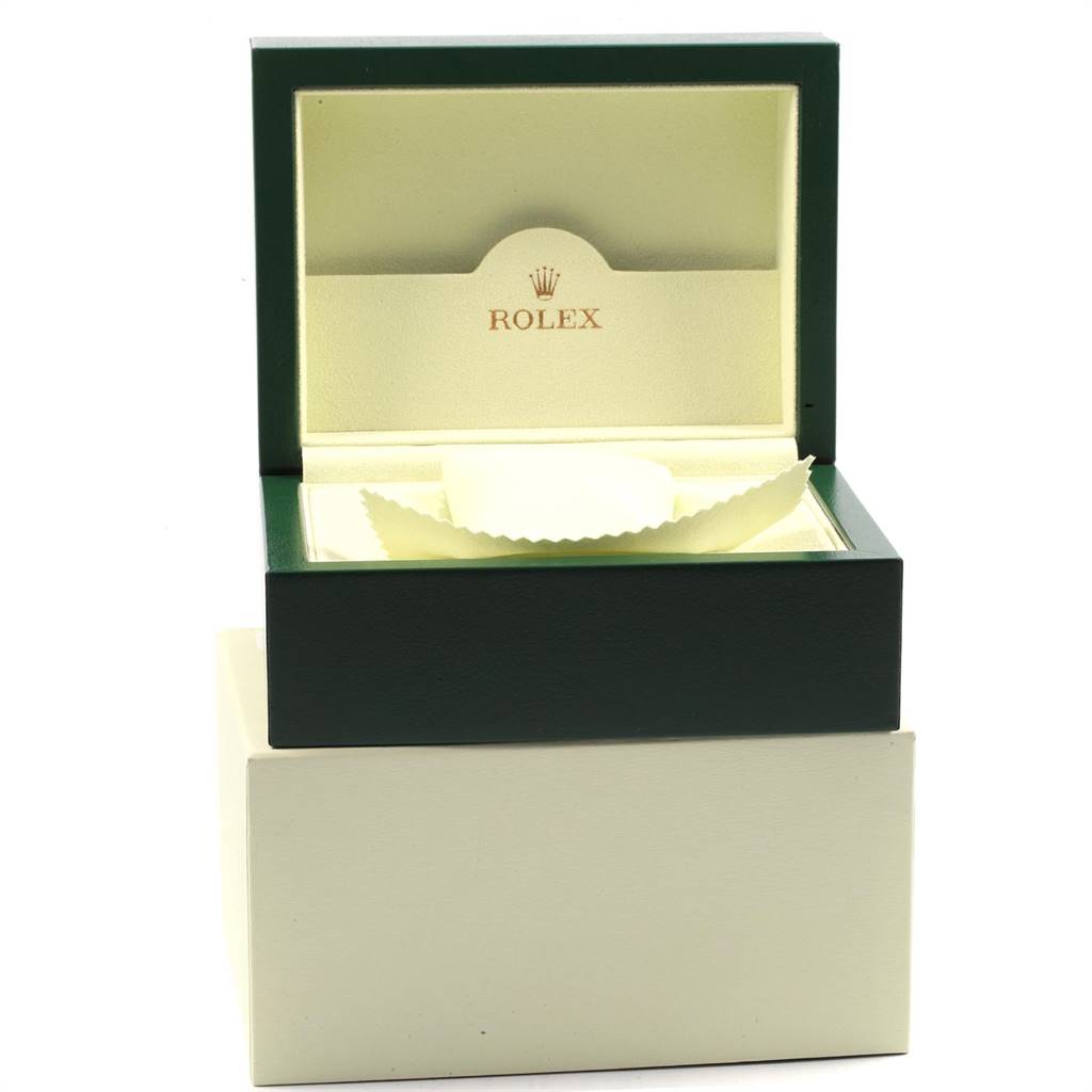 The image shows an open Rolex Datejust 41 116300 Men's Stainless Steel Blue Dial 116300 Men's Stainless Steel Blue Dial watch box with an empty display cushion inside.