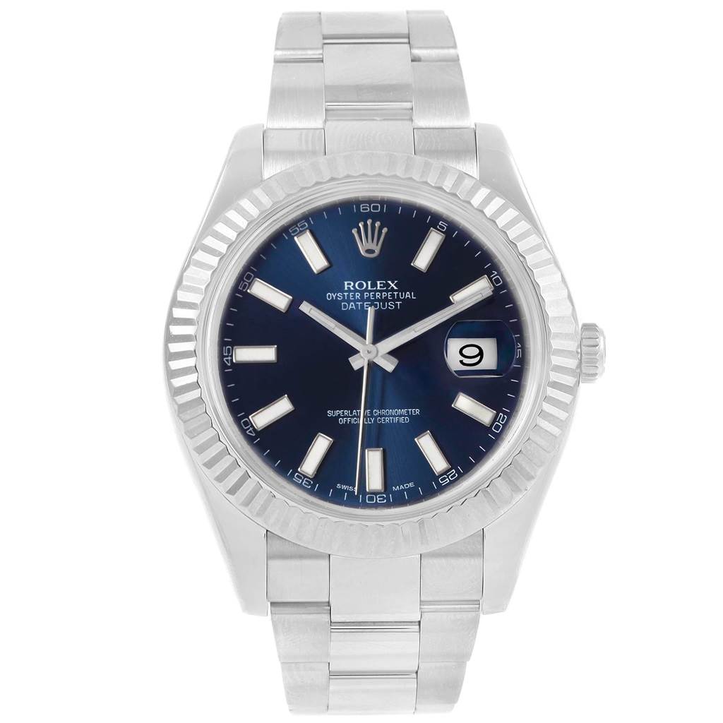 This image shows a Rolex Datejust 41 116334 Men's Stainless Steel Blue Dial 116334 Men's Stainless Steel Blue Dial watch from the front, highlighting its blue dial, fluted bezel, and stainless steel bracelet.
