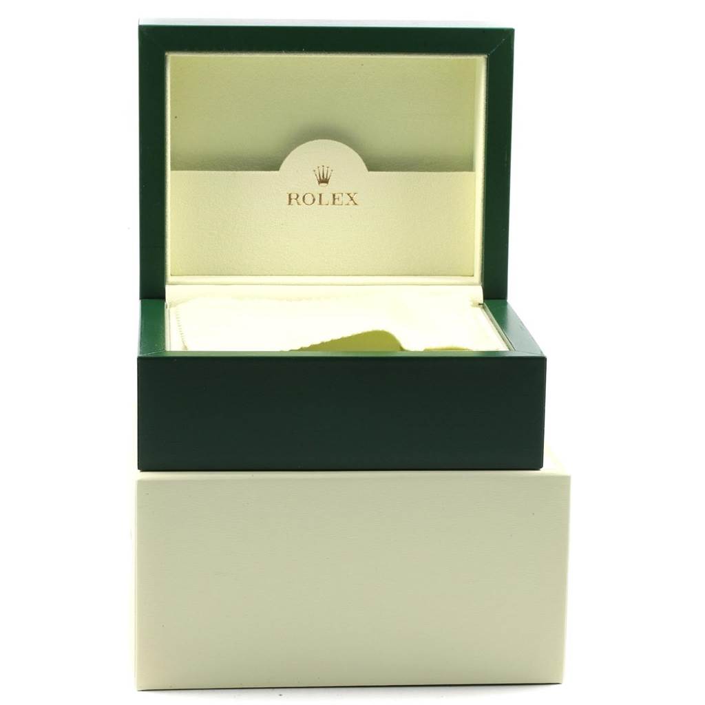 This is an image of an open Rolex Datejust 41 116334 Men's Stainless Steel Blue Dial 116334 Men's Stainless Steel Blue Dial watch box, showing the interior and exterior packaging.