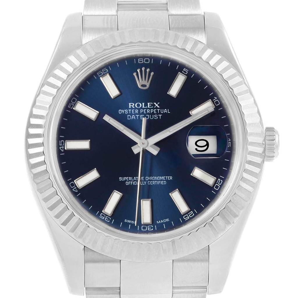 The image shows a front view of the Rolex Datejust 41 116334 Men's Stainless Steel Blue Dial 116334 Men's Stainless Steel Blue Dial watch, highlighting the dial, bezel, and bracelet.