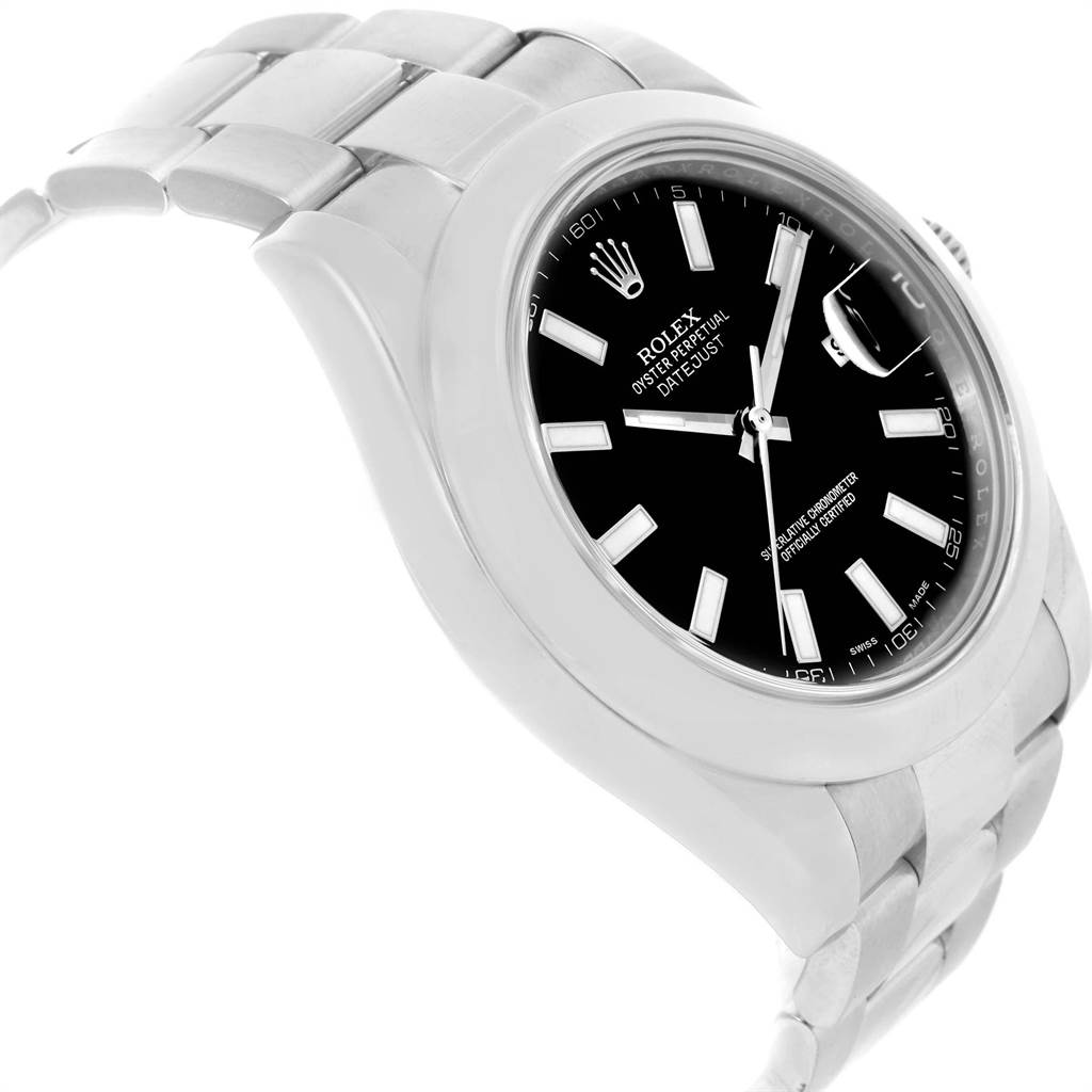 The image shows a Rolex Datejust 41 116300 Men's Stainless Steel Black Dial 116300 Men's Stainless Steel Black Dial watch from a side angle, highlighting the dial, bracelet, and case.