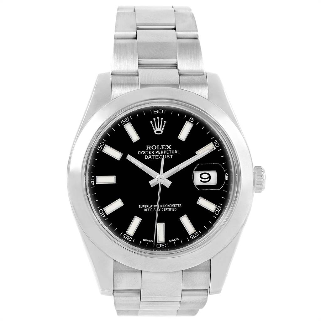 The image shows a front view of the Rolex Datejust 41 116300 Men's Stainless Steel Black Dial 116300 Men's Stainless Steel Black Dial, highlighting the face, bezel, dial, and bracelet.