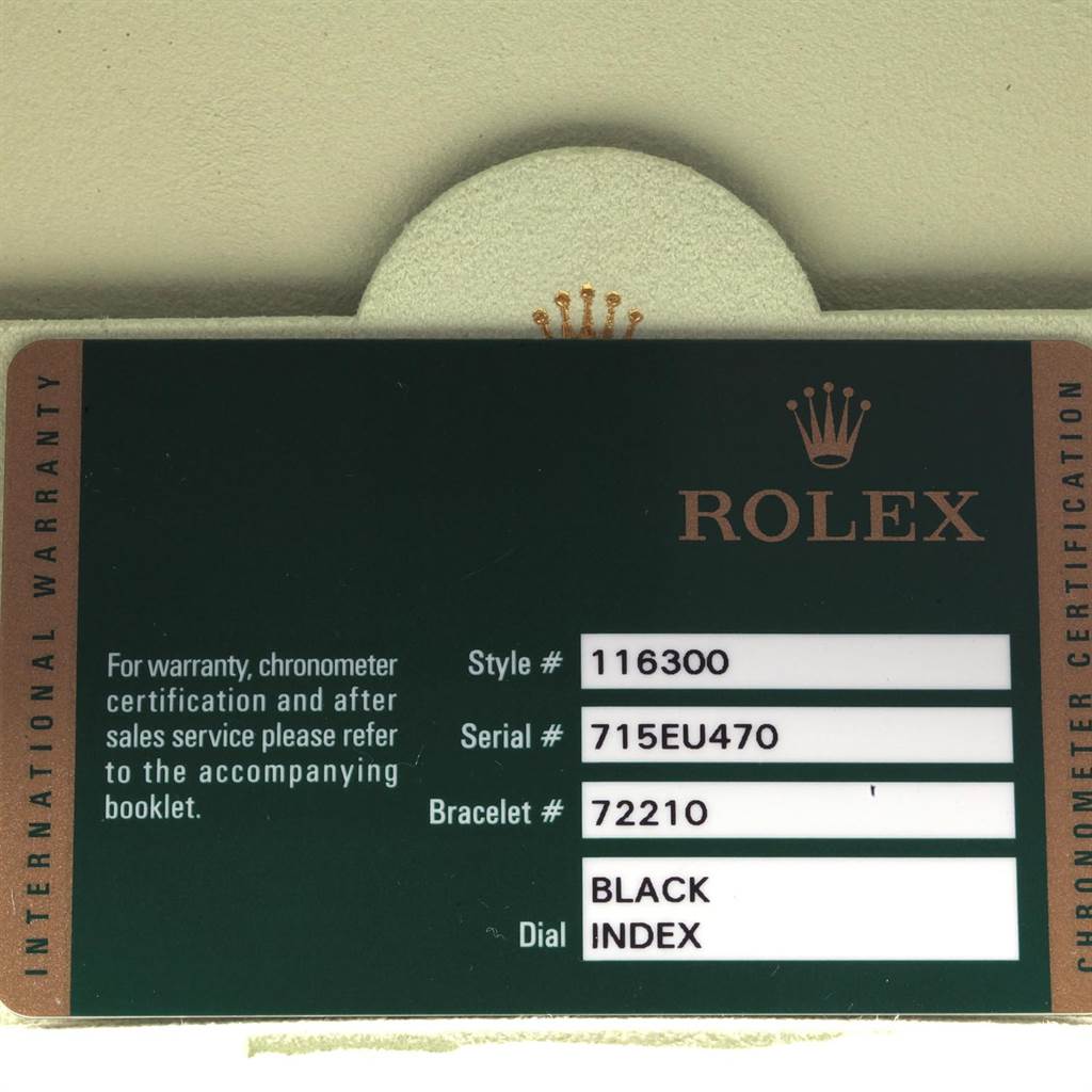 This image shows the warranty card for the Rolex Datejust 41 116300 Men's Stainless Steel Black Dial 116300 Men's Stainless Steel Black Dial model, detailing its style number, serial number, bracelet number, and dial info.