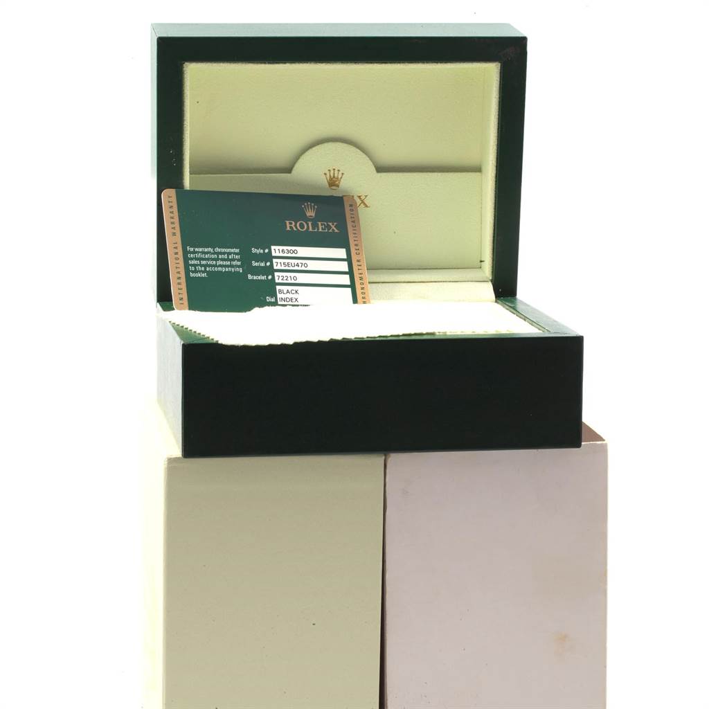 The image shows an open Rolex Datejust 41 116300 Men's Stainless Steel Black Dial 116300 Men's Stainless Steel Black Dial box with the warranty card displayed inside.