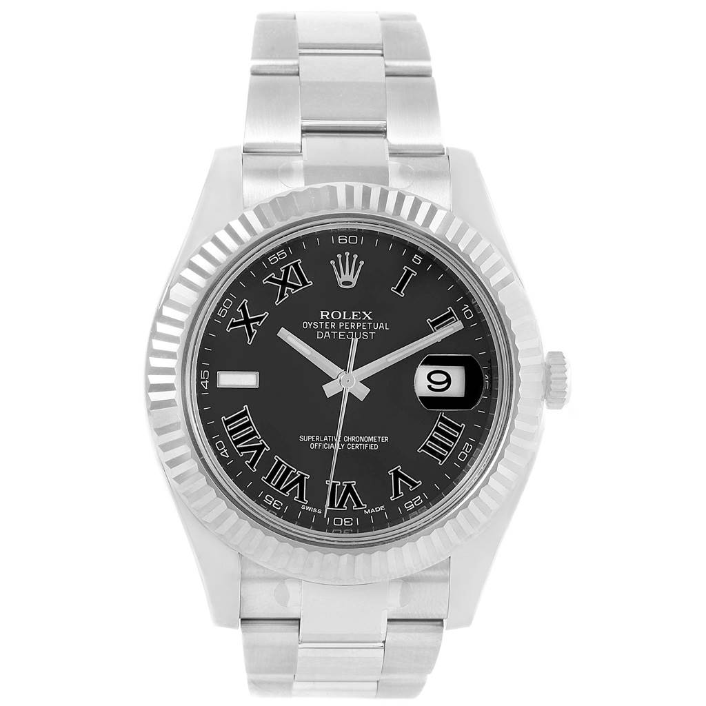 The image shows a front view of a Rolex Datejust 41 116334 Men
s Stainless Steel Grey Dial 116334 Men
s Stainless Steel Grey Dial watch, displaying the dial, bezel, and part of the bracelet.