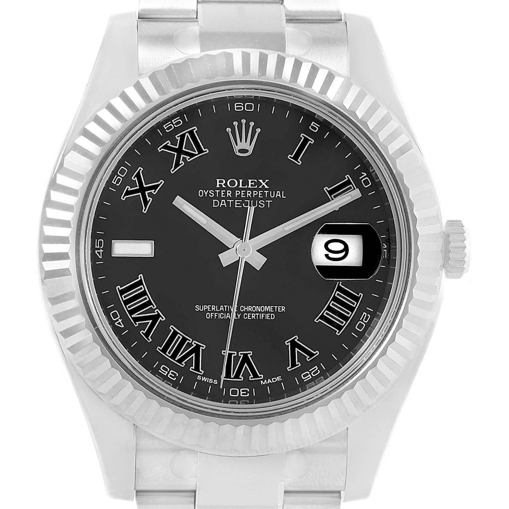 This image shows a front view of the Rolex Datejust 41 116334 Men
s Stainless Steel Grey Dial 116334 Men
s Stainless Steel Grey Dial watch, highlighting the black dial, Roman numerals, and date window.