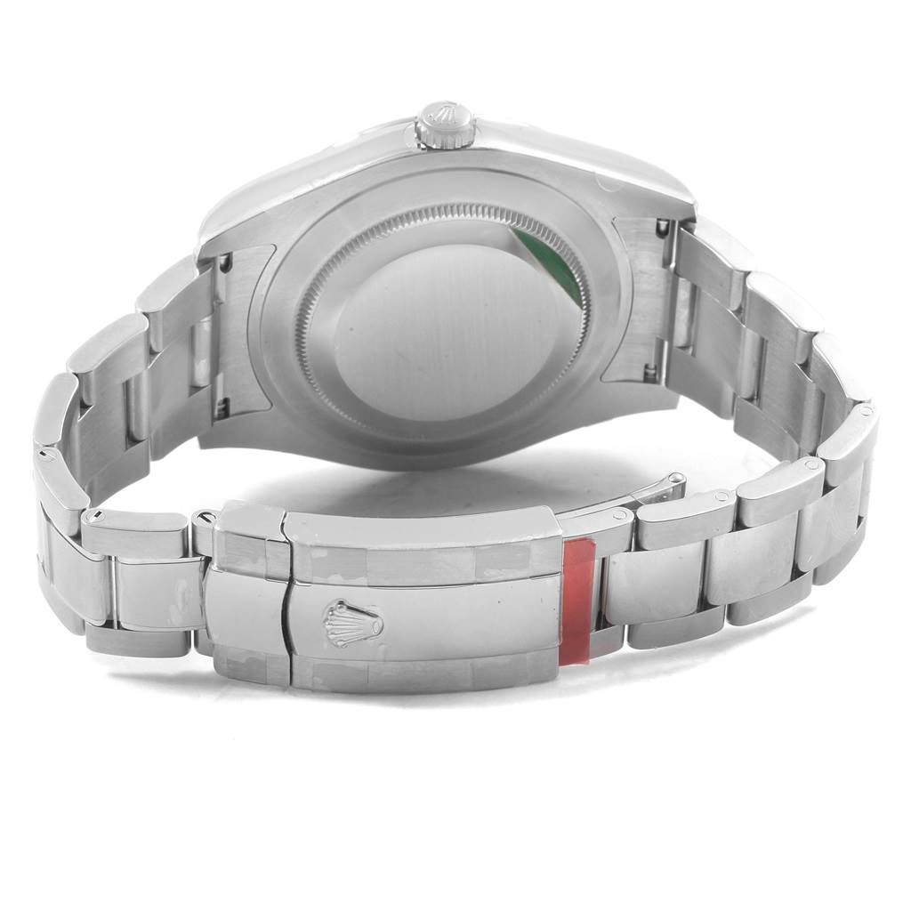 The Rolex Datejust 41 116334 Men
s Stainless Steel Grey Dial 116334 Men
s Stainless Steel Grey Dial watch is shown from the back, highlighting the case back, bracelet, and clasp.