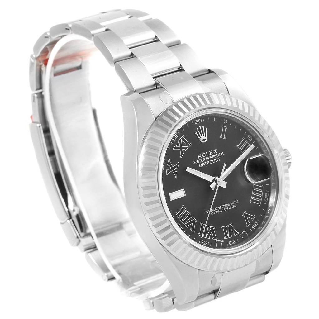 The image shows a Rolex Datejust 41 116334 Men
s Stainless Steel Grey Dial 116334 Men
s Stainless Steel Grey Dial watch at a three-quarter angle, highlighting the black dial, fluted bezel, and Jubilee bracelet.