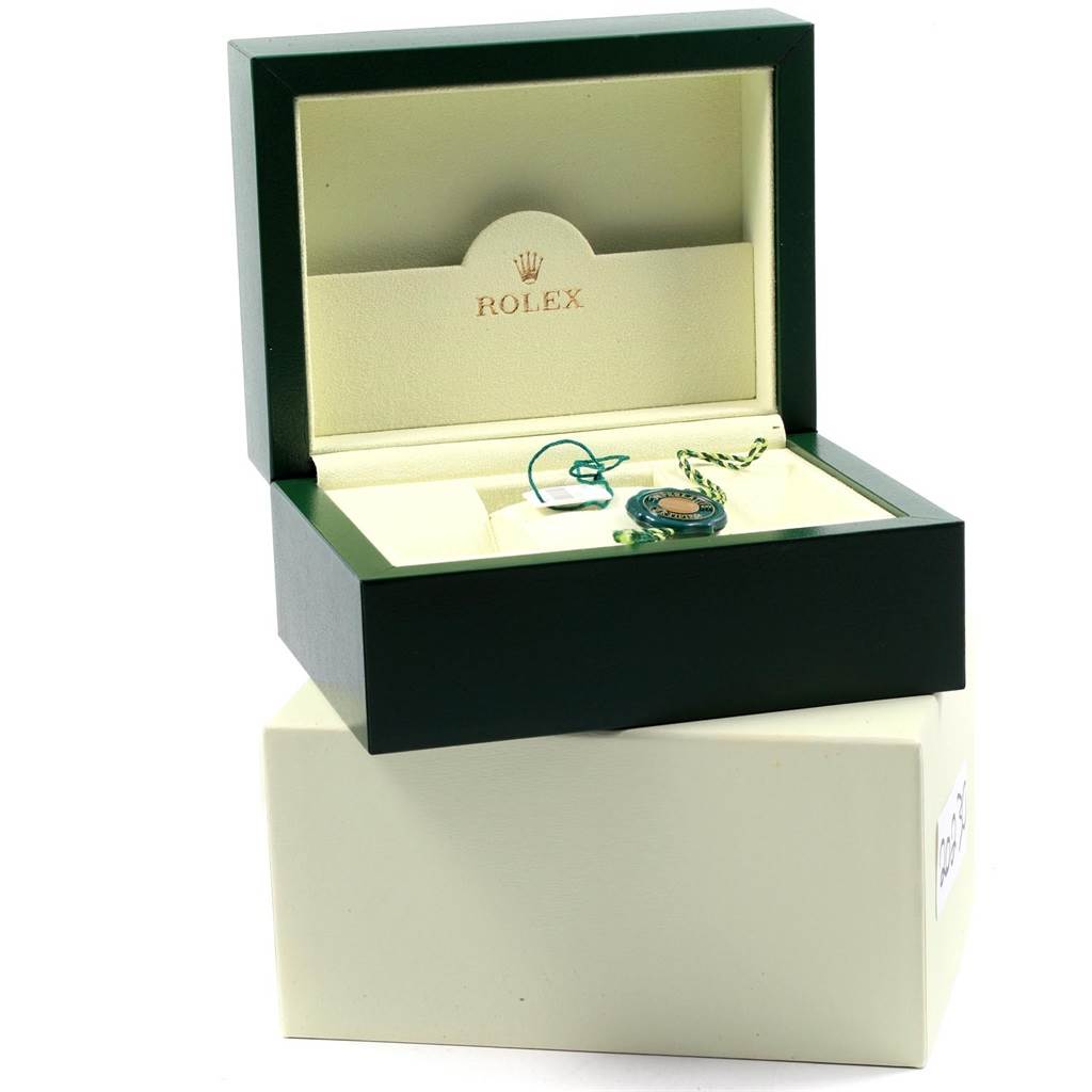 The image shows an open box for a Rolex Datejust 41 116334 Men
s Stainless Steel Grey Dial 116334 Men
s Stainless Steel Grey Dial, displaying tags and accessories but not the actual watch.