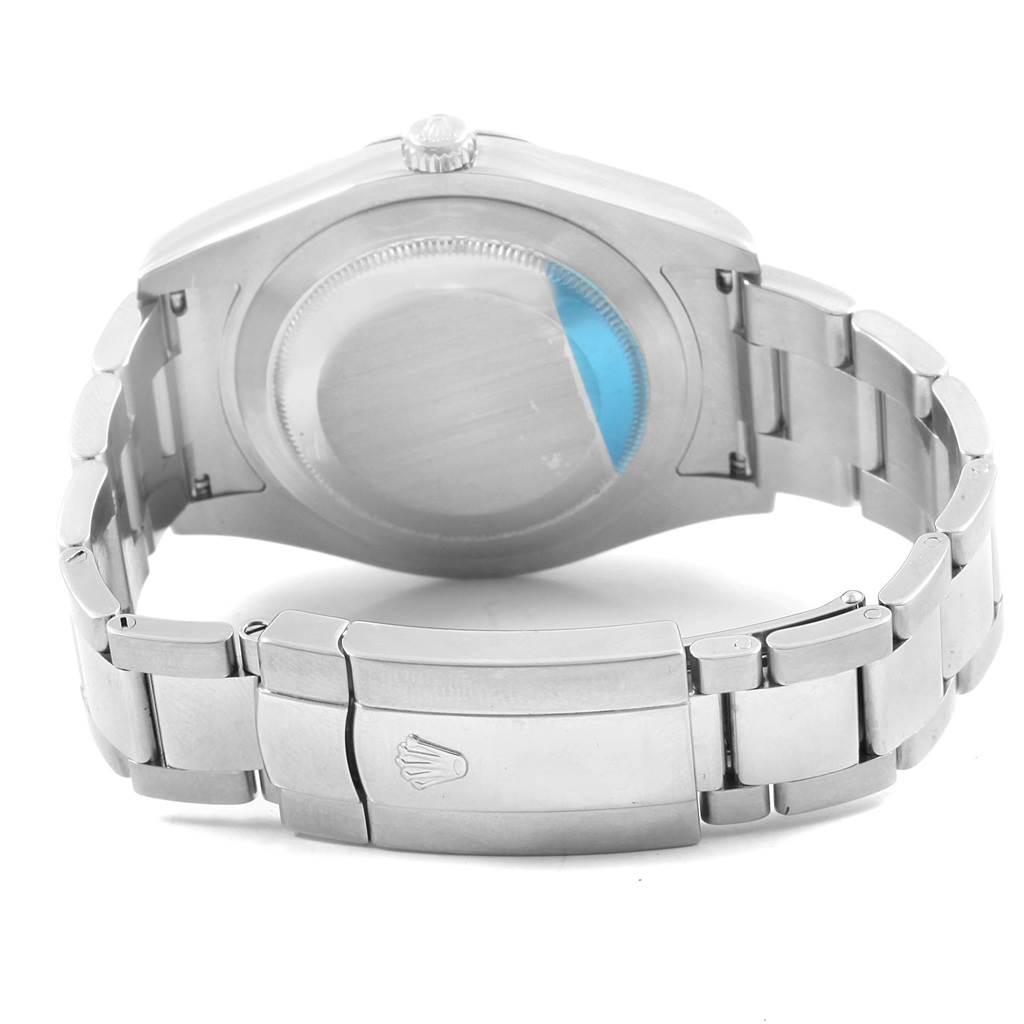 This image shows the back view of the Rolex Datejust 41 116300 Men
s Stainless Steel Blue Dial 116300 Men
s Stainless Steel Blue Dial watch, including its case back and bracelet with the clasp.